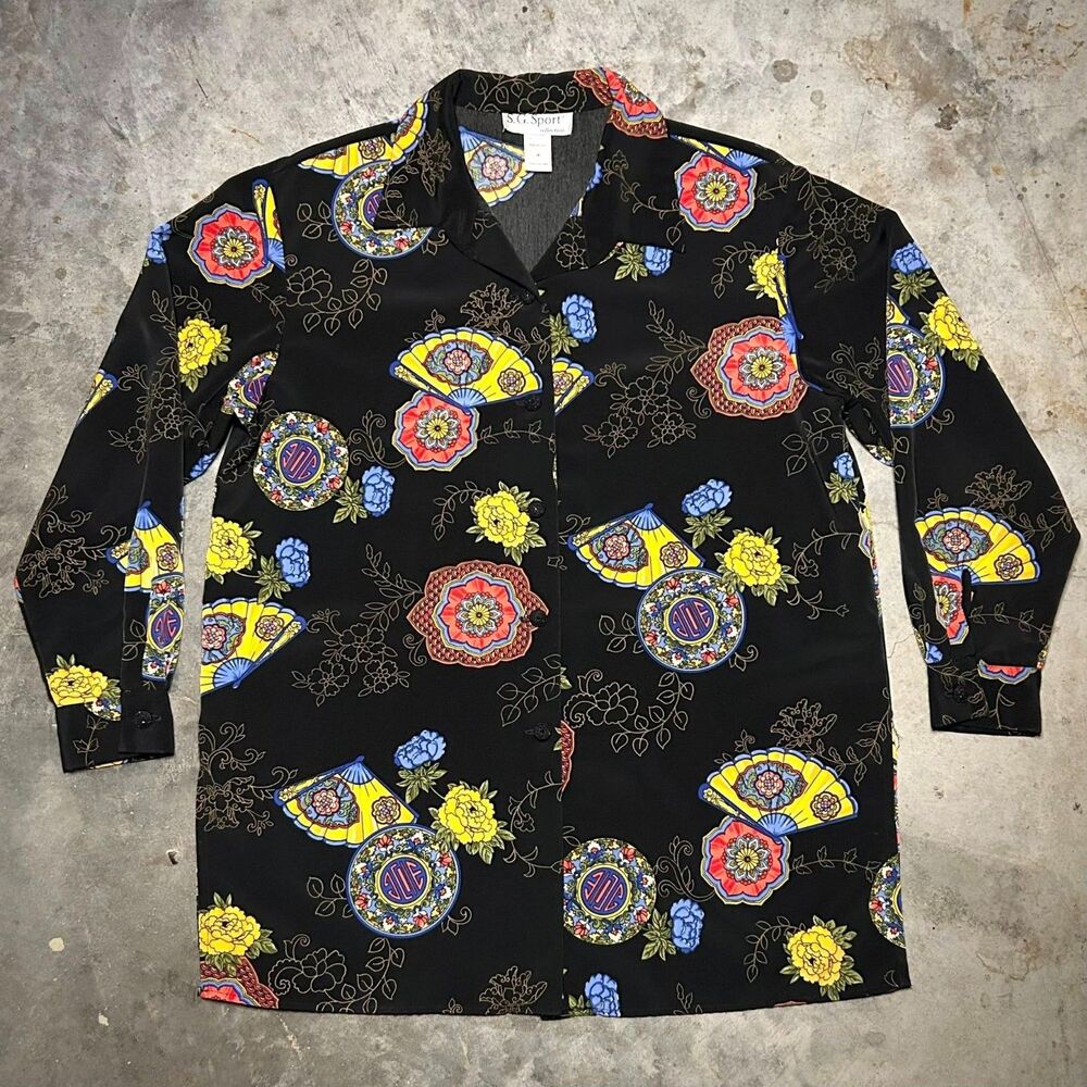 S.G. Sport 90s Black Multicolor Button-Up Blouse USA